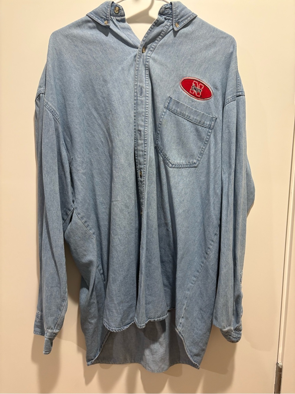 Light Blue Oversized Denim Hooded Shirt with Red Patch